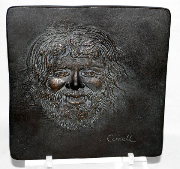 THOMAS CORNELL BRONZE PLAQUE, C.1970, SATYR II: THOMAS CORNELL (AMER. B.1937), BRONZE PLAQUE, C. 1970, 7" X 7", "SATYR II", #134/375:Marked on verso, "J. Walter Thompson Co. Christmas 1970, "Satyr II", 134/375, Thomas Cornell". Having a brown patin