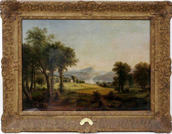 AFTER GEORGE INNESS, OIL ON CANVAS, ARCADIA: AFTER GEORGE INNESS, OIL ON CANVAS C. 1848, 21 1/2" X 29 1/2", "LAND OF ARCADIA":Bears a signature reading "G. Inness" in the lower right; gilt molded gesso period frame. Old label on verso indicating
