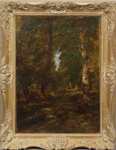 GEORGE INNESS OIL ON CANVAS, WOODED LANDSCAPE: GEORGE INNESS (AMERICAN 1825-1894), OIL ON CANVAS, 26 1/4" X 18 1/4", WOODLAND LANDSCAPE:Signed lower right. In a private Michigan collection since the 1930's.