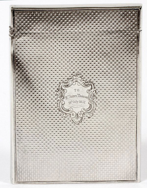 STERLING SILVER CALLING CARD CASE 1857: STERLING SILVER CALLING CARD CASE, 1857, H 4", W 2 1/2":Birmingham England, Sterling silver calling card case engraved date, July 28, 1857. Date mark 1856-57 with a Birmingham mark; obliterated maker'
