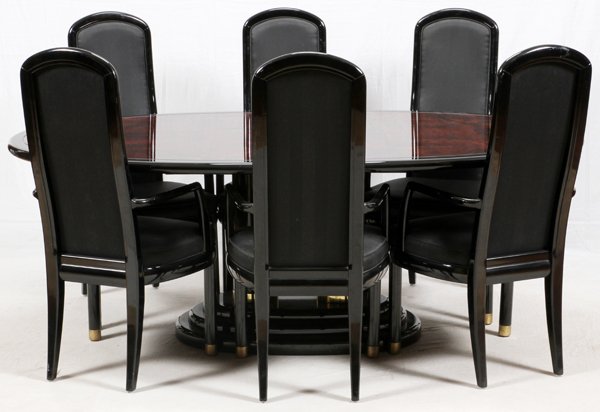 HENREDON 'SCENE THREE' DINING TABLE AND CHAIRS: HENREDON 'SCENE THREE', DINING TABLE AND CHAIRS, 12 PCS WITH LEAF, L 80":Including an oval black lacquer pedestal dining table, with central burl insert, L 80", D 56" , accompanied by one leaf D 20",