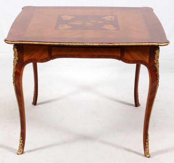FRUITWOOD INLAID GAMES TABLE: FRUITWOOD INLAID GAMES TABLE, H 30", W 38", D 38":Fruitwood inlaid games table, with bronze accents.