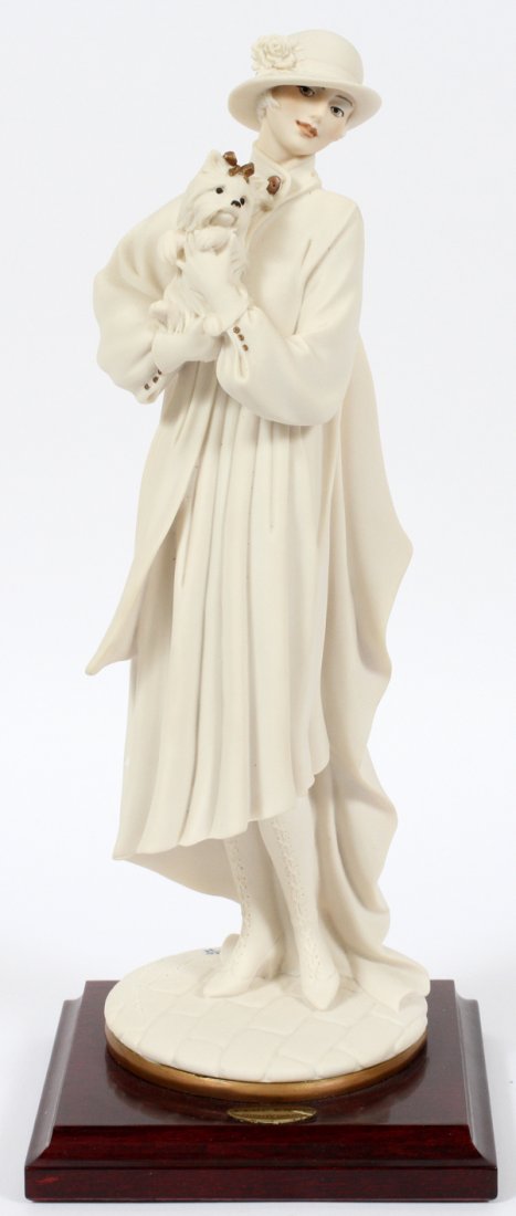 GIUSEPPE ARMANI COMPOSITION FIGURE: GIUSEPPE ARMANI COMPOSITION FIGURE, H 11 3/4", 'YOUNG LADY WITH YORKSHIRE':The figure 'Young Lady with Yorkshire', attached to a fitted wooden base. With original box.