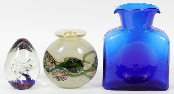 ART GLASS VASE, PAPERWEIGHT & DECANTER: BLENKO & OTHERS ART GLASS VASE, PAPERWEIGHT, & DECANTER, THREE PIECES, H 5"-8":Including an egg form glass paperweight, marked at the underside 'China'. Together with a signed art glass vase, H.5 1/4"