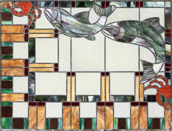 LEADED AND STAINED GLASS WINDOW: LEADED AND STAINED GLASS WINDOW, H 30", L 40":In colors of caramel, burgundy, orange with shades of green and blue depicting fish and lobsters. 30 1/2" H. x 40 1/2" W. actual size.