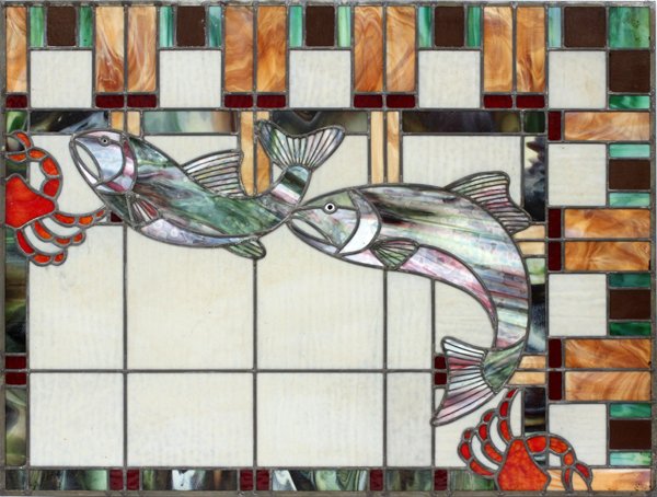 LEADED AND STAINED GLASS WINDOW: LEADED AND STAINED GLASS WINDOW, H 30", L 40":In colors of caramel, burgundy, orange with shades of green and blue depicting fish and lobsters. 30 1/2" H. x 40 1/2" W. actual size.