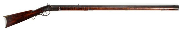 G. GOULCHER PERCUSSION CAP PENNSYLVANIA RIFLE BBL: G. GOULCHER, PERCUSSION CAP, PENNSYLVANIA RIFLE, L 42" BBL:"G. Goulcher" on lock plate. Having 42" re-bored 47 cal. octagonal barrel. Length of 57 3/4" overall. Having ramrod, full length maple stock 