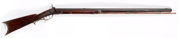 RIDDLE PERCUSSION CAP PLAINS RIFLE 36 BORE BBL: RIDDLE, PERCUSSION CAP, PLAINS RIFLE, 36 BORE, L 36 1/2" BBL:Having 36 1/2" octagon barrel, 52" overall. 'Riddle' on lock plate. Scrolling leaf engraving, 36 bore. Maple half stock 30". Double end pew