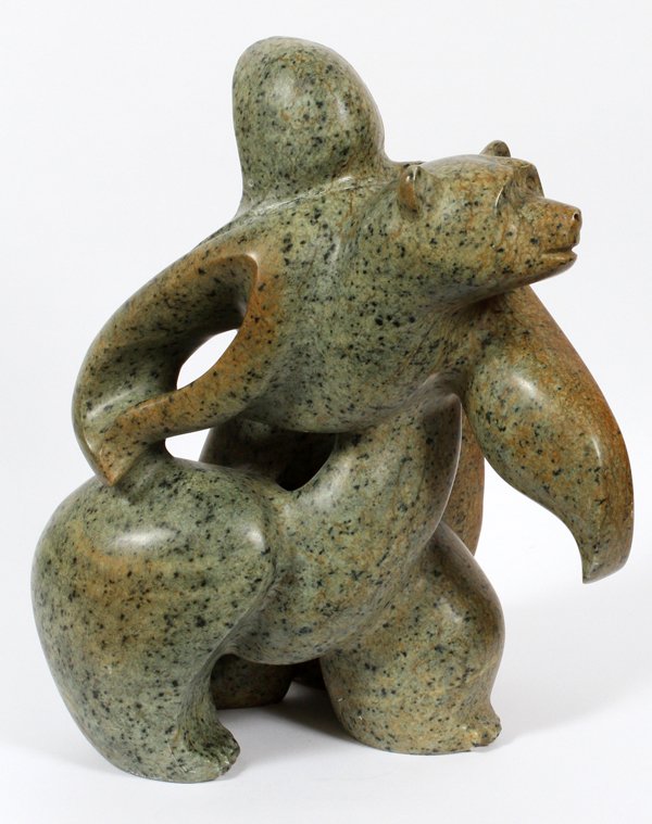 INUIT CARVED STONE FIGURES, TWO PIECES H 20": INUIT CARVED STONE FIGURES, TWO PIECES H 20", GIRL WITH BEAR AND WALRUS: Unsigned.