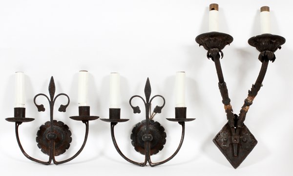 ALBERT KAHN DESIGN SCONCES C. 1927 SET OF THREE: ALBERT KAHN DESIGN SCONCES, C. 1927, SET OF THREE:Including a pair, H.12", W.12", and another, H.20", W.12".