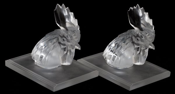 LALIQUE 'TETE DE COQ' FROSTED GLASS BOOKENDS PAIR (1 of 2)