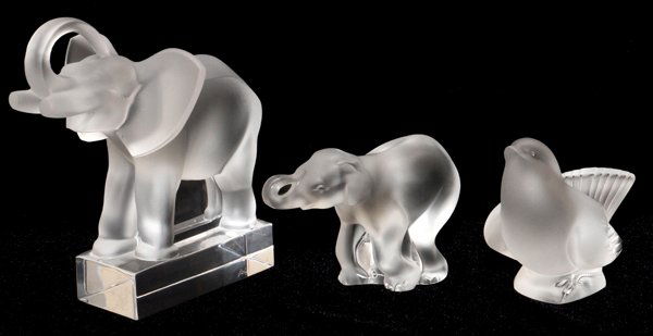 LALIQUE FROSTED GLASS ELEPHANT & BIRD FIGURES THREE (1 of 1)