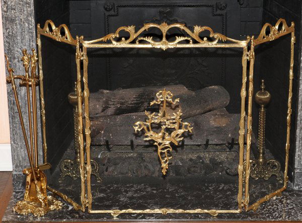 BRASS ANDIRONS, FIRE TOOLS & FOLDING SCREEN (1 of 2)
