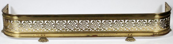 ENGLISH BRASS FENDER: ENGLISH BRASS FENDER, H 8", W 49":Having carved sides, on claw feet.