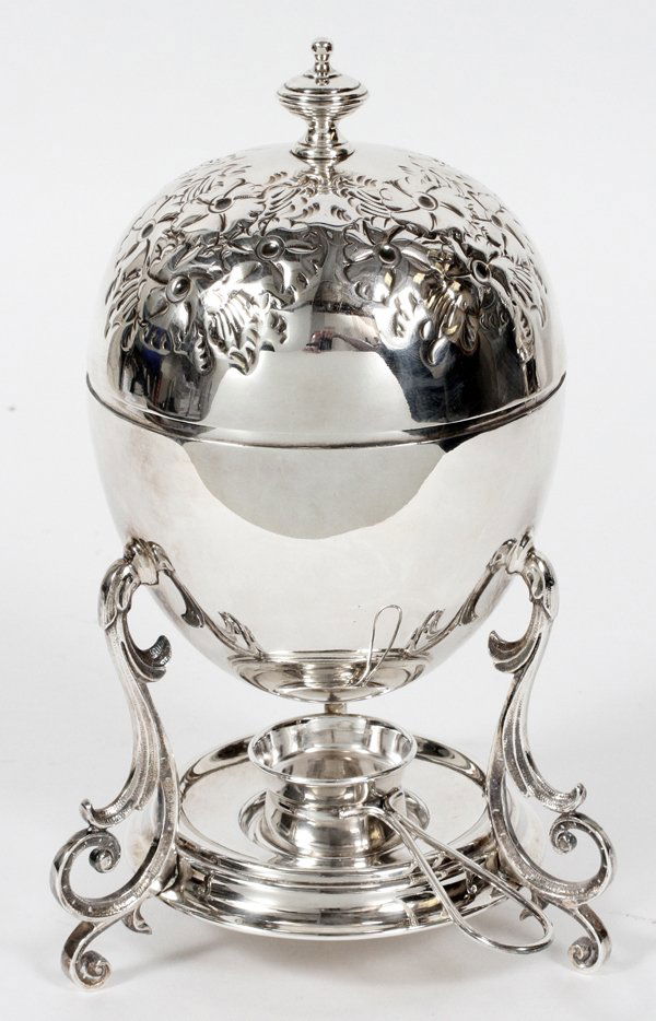 MAPPIN BROS. ENGLISH SHEFFIELD PLATE EGG CODDLER: MAPPIN BROS., ENGLISH SHEFFIELD PLATE EGG CODDLER, H 9":Including insert frame to hold four eggs. Dome form cover. Circa 1900. Mappin Bros., Regent St. Made in England.