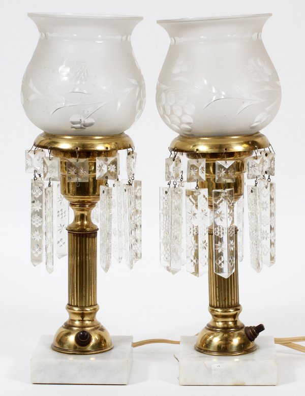 BRONZE WHITE MARBLE & FROSTED GLASS LAMPS PAIR (1 of 2)