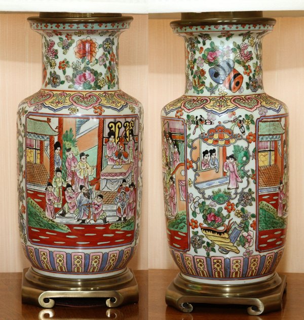 CHINESE ROSE MEDALLION VASES, PAIR MOUNTED AS LAMPS (1 of 5)