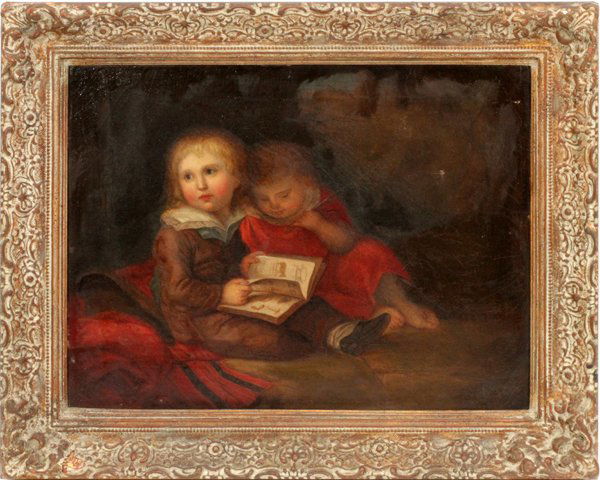 ENGLISH ANTIQUE OIL ON CANVAS: ENGLISH ANTIQUE OIL ON CANVAS, H 12", W 16", CHILDREN READING:Framed. From the estate of Barbara K. Wrigley of Grosse Pointe Farms.