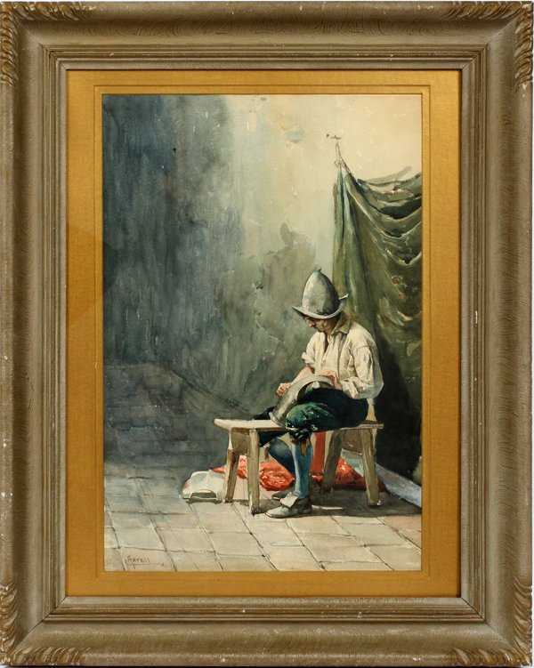 GIUSEPPE AURELI WATERCOLOR: GIUSEPPE AURELI (ITALIAN, 1858-1929) WATERCOLOR, H 24", W 18", SEATED SOLDIER POLISHING ARMOR:Signed lower left. Italian, 1858-1929.
