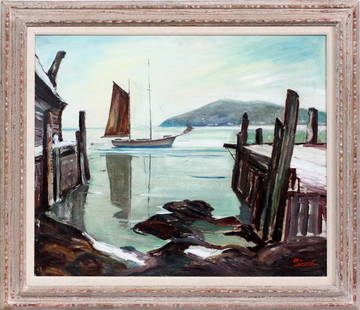 KARL LARSEN OIL ON CANVAS: KARL LARSEN (DANISH-AMERICAN, 1899-1992), OIL ON CANVAS, H 29", L 35", HARBOR SCENE:Karl Larsen [Danish/American, 1899-1992]. Depicting a ketch entering a harbor with a building, wharf and mountain in