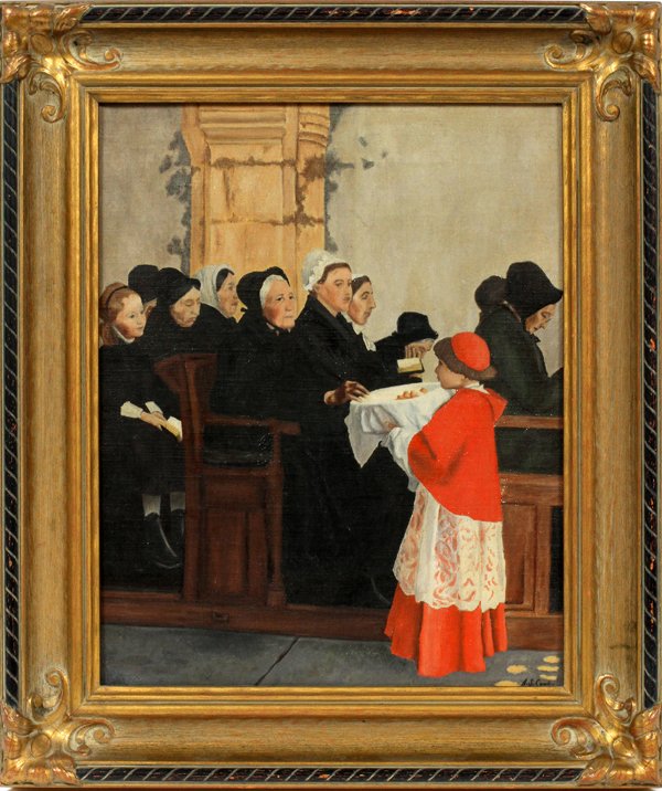 A. S. COWLIN OIL ON CANVAS: A. S. COWLIN, OIL ON CANVAS, H 15", W 12", CHURCH SERVICE:Signed lower right. Depicts church participants in pews with altar boy passing basket. 15 1/2" x 12".