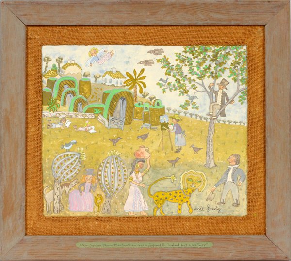 SALI FRANTZ OPAQUE WATERCOLOR/GOUACHE ON BOARD: SALI FRANTZ, OPAQUE WATERCOLOR/GOUACHE ON BOARD, H 13", W 15":Titled on frame: "When Deacon Shawn Meriwether Sees A Leopard In Ireland He's Up A Tree"; signed lower right; framed (no glass).