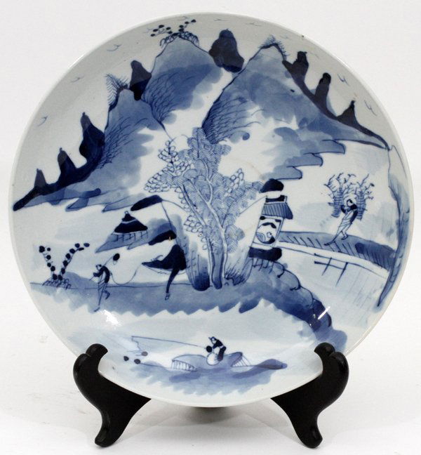 CHINESE BLUE & WHITE PORCELAIN PLATE: CHINESE BLUE & WHITE PORCELAIN PLATE, DIA 9 1/4":Depicting a fishing scene along waters edge. Blue mark underglaze on underside. From the estate of Barbara K. Wrigley of Grosse Pointe Farms.