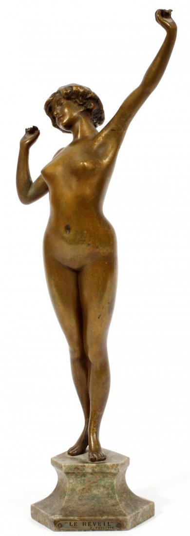 PAUL PHILIPPE GILT BRONZE SCULPTURE C. 1920: PAUL PHILIPPE (FRENCH, 1870-1930), GILT BRONZE SCULPTURE, C. 1920, H 13 1/2", 'LE REVEIL':Gilt bronze figure of a standing nude in a stretching pose, unmarked, H.13 1/2"; mounted on a stone base, sign