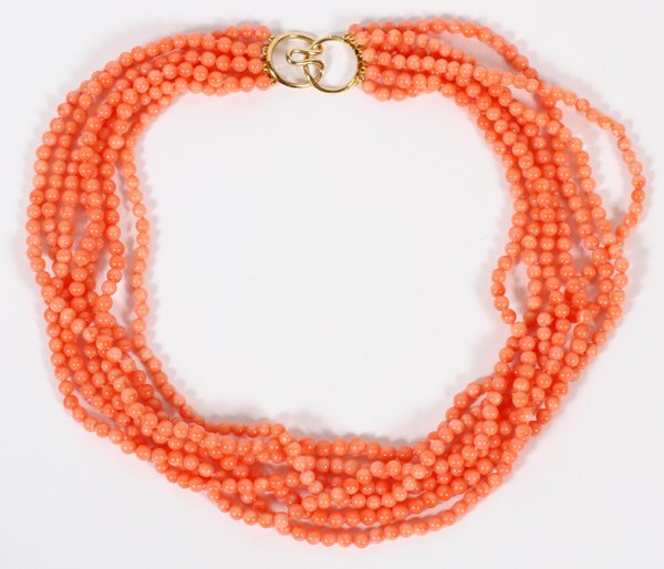 CORAL BEAD NECKLACE W/ YELLOW GOLD CLASP (1 of 2)