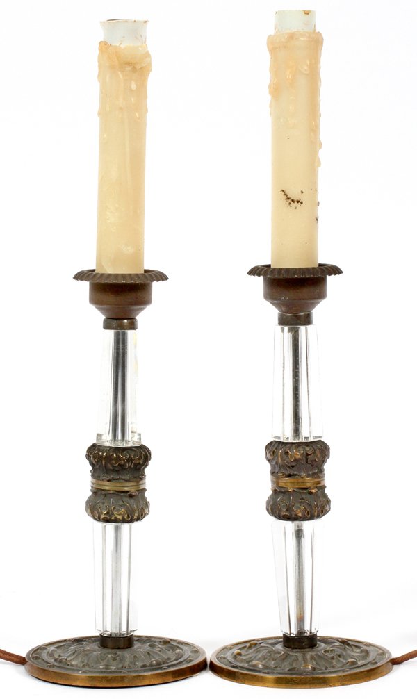 EUROPEAN BRONZE & CRYSTAL CANDLESTICKS PAIR (1 of 3)