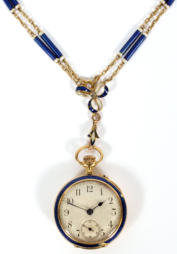 18KT YELLOW GOLD & ENAMEL PENDANT WATCH W/ CHAIN (1 of 5)