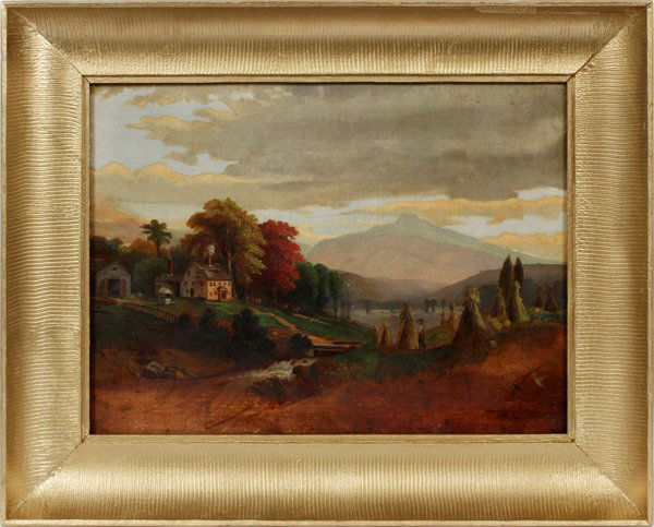 WILLIAM KEITH OIL ON CANVAS: WILLIAM KEITH, OIL ON CANVAS, H 18", L 24", MOUNTAIN LANDSCAPE:William Keith [American, 1838 - 1911]. Depicting a landscape with mountains in the background, haystacks, a home with out-buildings situa