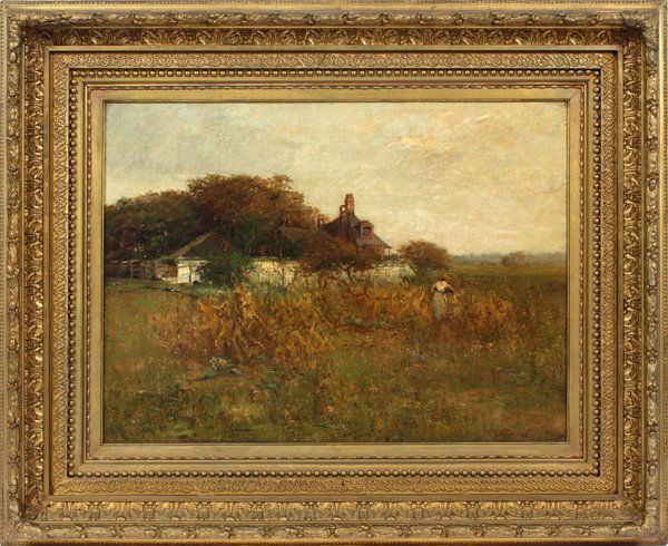 CHARLES EDWIN LEWIS GREEN OIL ON CANVAS: CHARLES EDWIN LEWIS GREEN (AMERICAN, 1844-1915), OIL ON CANVAS, H 20", W 27", FARM SCENE:Signed lower left; period gilt frame.