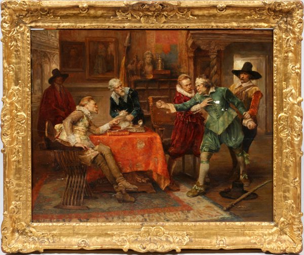 ALEX DE ANDREIS OIL ON MAHOGANY PANEL: ALEX DE ANDREIS (BELGIAN/BRITISH, 1880-1929), OIL ON MAHOGANY PANEL, H 32", W 40", "THE TRADER":Belgian, United Kingdom, 1880-1929.