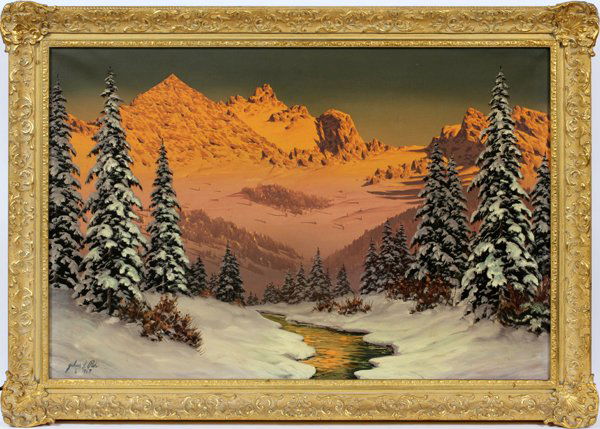 JULIUS S. PAS OIL ON CANVAS MOUNTAIN WINTER SUNSET (1 of 3)