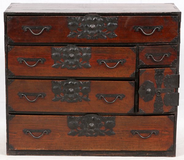 INDONESIAN TANSU 4 DRAWER CHEST: INDONESIAN TANSU 4 DRAWER CHEST, WOOD WITH IRON MOUNTS, 20TH C., H 36'', W 42'', D 16'':