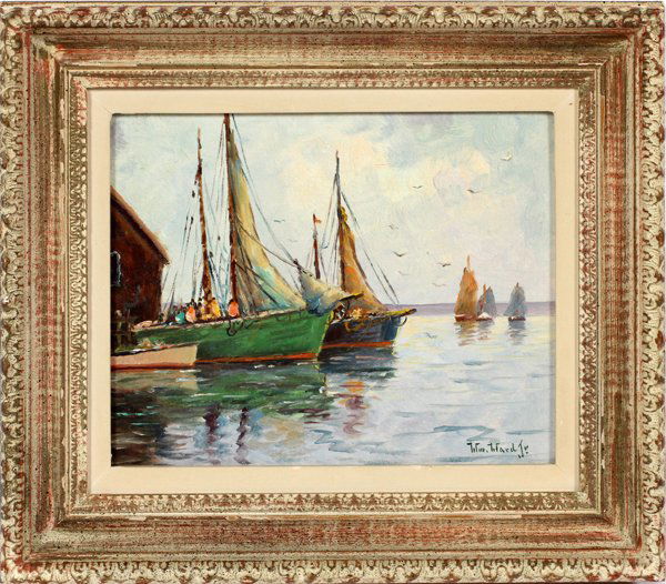 WM. WARD JR. OIL ON CANVAS BOARD: WM. WARD, JR. OIL ON CANVAS BOARD H 8", W 10", AT THE WHARF:William [Dudley Brunett] Ward, Jr. [Canadian/American, 1879-1935]. Depicting sailboats docked at a wharf as well as sailboats under sail off