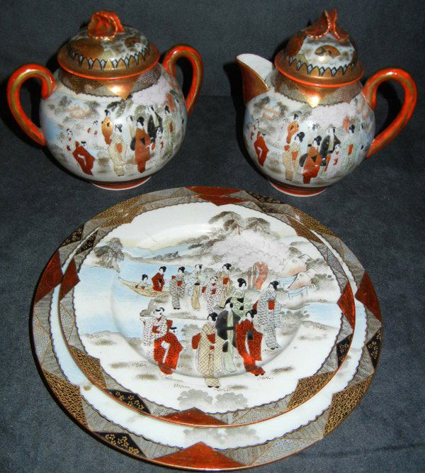 JAPANESE PORCELAIN GROUPING 7 PCS: JAPANESE PORCELAIN GROUPING, 7 PCS:2 luncheon plates, 8 1/2" Dia., 3 dessert plates, 7 1/4" Dia., 1 covered creamer and 1 covered sugar.