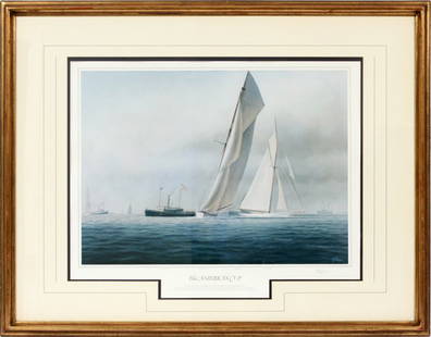 AFTER TIM THOMPSON OFFSET LITHOGRAPH: AFTER TIM THOMPSON, OFFSET LITHOGRAPH, H 16", W 22", "THE AMERICA'S CUP":Matted and framed under glass. Pencil signed. "Defender Defeats Valkyrie II" (1895). Published by Mayfair Marine.