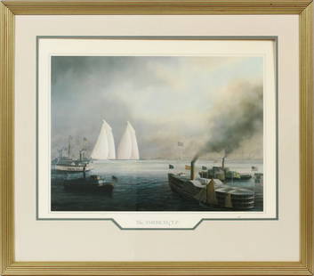 AFTER TIM THOMPSON OFFSET LITHOGRAPH: AFTER TIM THOMPSON, OFFSET LITHOGRAPH, H 16", W 22", "THE AMERICA'S CUP":Matted and framed under glass. Published by Mayfaix Marine.