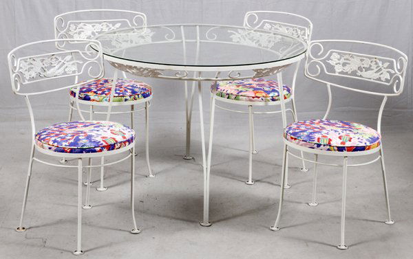 WHITE WROUGHT IRON PATIO TABLE, 4 CHAIRS (1 of 2)
