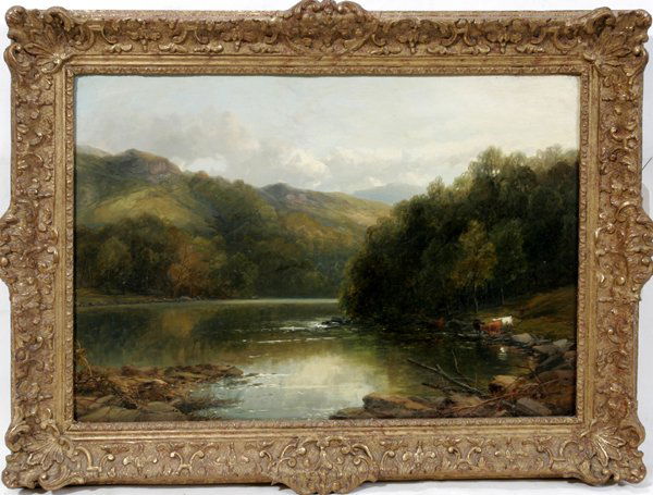 JAMES B. SMITH OIL ON CANVAS, RIVER W/ CATTLE: JAMES BURRELL SMITH (UK 1822-97), OIL ON CANVAS, 14" X 20", "A RIVER SCENE WITH CATTLE ON THE SHORE":Framed and initialed lower left "J.B.S". Frost and Reed label. James Burrell Smith Frost and Reed r