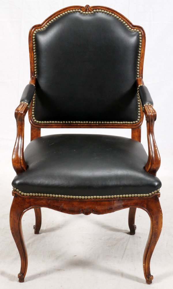 LEATHER ARMCHAIR: LEATHER ARMCHAIR H 41'', W 23'', D 19 1/2'':Nailhead trim beading with zebra design backing on back of chair.