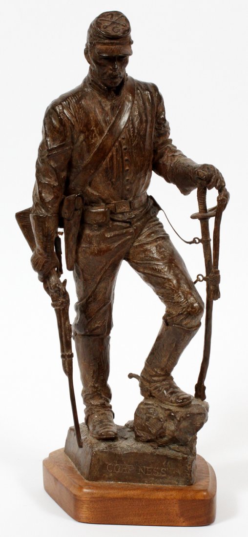 HAROLD T. HOLDEN BRONZE SCULPTURE #18/40: HAROLD T. HOLDEN (AMERICAN, 1940-), BRONZE SCULPTURE, #18/40, H 16", 'CORP. NESS':Standing figure of Corporal Noah Van Buren Ness, a maquette for a monument in Ness City, Kansas, having a medium brown