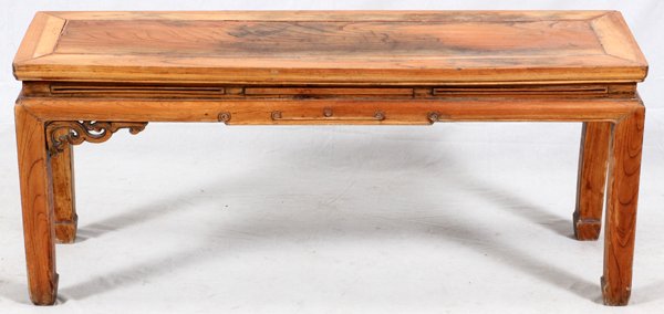 CHINESE CARVED WOOD COFFEE TABLE: CHINESE CARVED WOOD COFFEE TABLE, H 19", L 46", D 14 1/4":Chinese carved wood coffee table with a rectangular top with mitered framework around the top, pierced design brackets supporting the square l