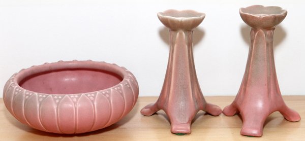 ROOKWOOD POTTERY CANDLESTICKS & BOWL EARLY 20TH C. (1 of 4)
