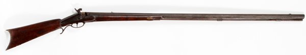 PENNSYLVANIA PERCUSSION CAP RIFLE C1850 BBL: PENNSYLVANIA PERCUSSION CAP, RIFLE, C1850, L 45" BBL:Pennsylvania percussion cap rifle, having an octagon to round 45" barrel, one piece walnut stock and forearm. Iron sights, hickory ram rod. 'C. Bak