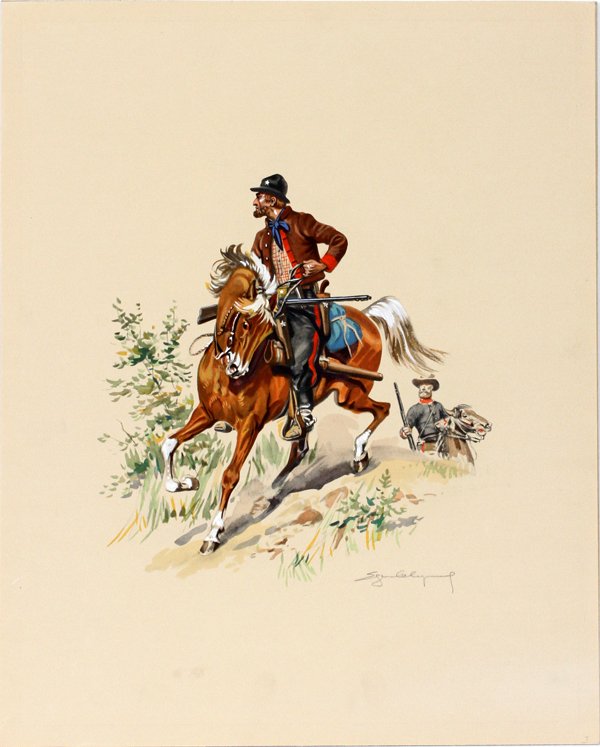 SIGNED WATERCOLOR SCOUT AND CONFEDERATE CAVALRY: SIGNED WATERCOLOR, H 22", W 17", SCOUT AND CONFEDERATE CAVALRY SOLDIER ON HORSEBACK:not framed, illegibly signed lower right.