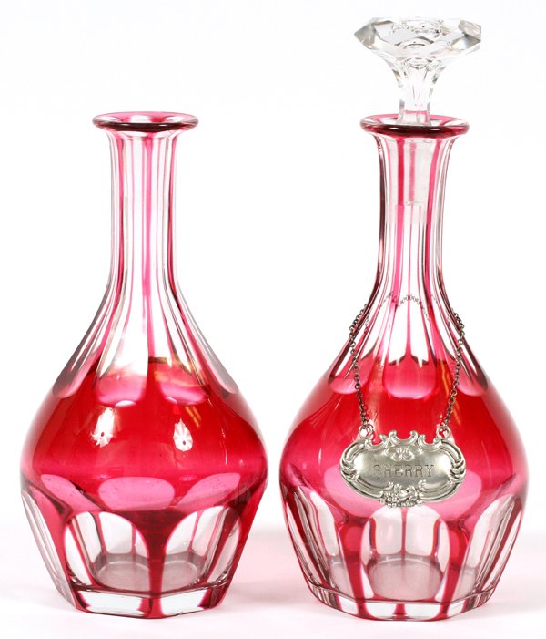 CRANBERRY OVERLAY DECANTERS & EIGHT SHERRY GLASSES (1 of 3)