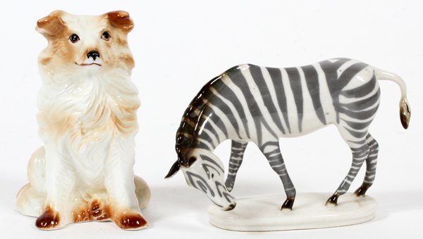 PORCELAIN FIGURES ZEBRA & SEATED DOG: PORCELAIN FIGURES, ZEBRA & SEATED DOG, H 3"- 4":The seated dog measures H.4", along with a zebra figurine, H.3".